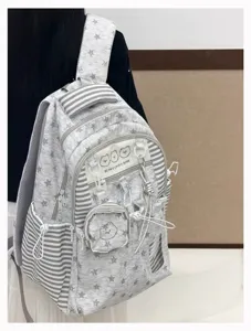 Korean style grey star pattern school backpack for teen girls, casual large capacity bag.