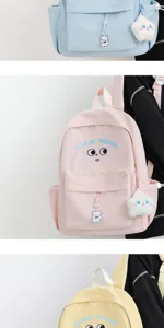 Details of the cute Korean style pastel canvas backpack with lovely face embroidery and charms.