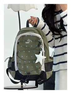 Detailaufnahme des koreanischen Rucksacks mit blauem Herzchen-Druck und Stern-Anhänger.