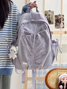 Casual ruched backpack detail, stylish lavender school bag with drawstring and side pockets.