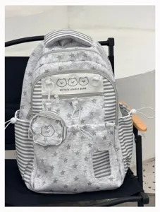 Korean style grey star print backpack for students, large capacity casual daypack with cute bear.