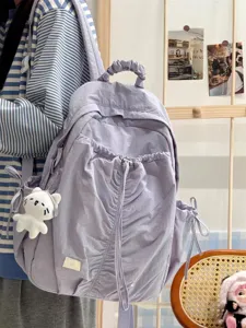Korean style pleated purple backpack lightweight casual travel daypack for women cute