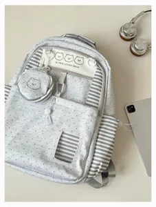 Korean style grey polka dot backpack with cute bear design, large capacity casual school bag.