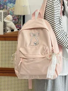 Zaino rosa carino con fiocco per ragazze, grande borsa scolastica casual per la scuola.