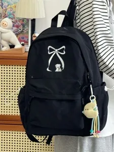 Zaino da scuola nero stile coreano con simpatico fiocco e stampa cucciolo, grande capacità.