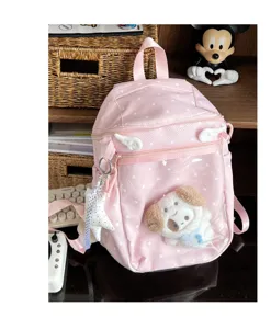 Close-up detail of the pink polka dot transparent front pocket student pain backpack.
