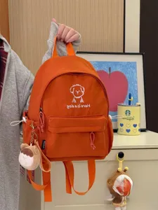 Cute canvas backpack for women school bag daily casual orange rucksack with dog embroidery