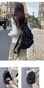 Korean style casual black backpack for women and men, lightweight daily travel school bag.