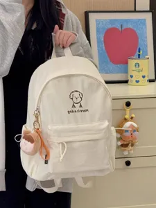 Cute Korean style canvas backpack for school girls with lovely puppy embroidery design.