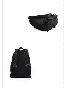 Black polka dot backpack detail view showing back straps and side angles for students.