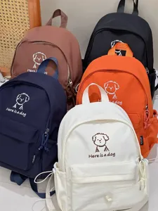 Korean style cute cartoon puppy embroidery canvas backpack school bag for students casual daily use.