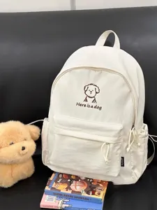 Cute cartoon dog canvas backpack casual school bag for teenage girls in off white color