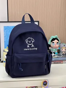 Korean style cute cartoon dog canvas backpack, casual dark blue school bag for teens and students.