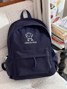 Korean ins style cute cartoon puppy embroidered navy blue school backpack for students.