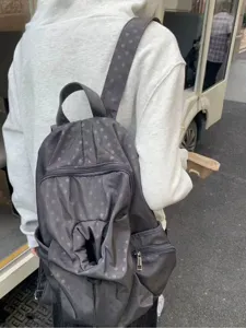 Korean style grey polka dot backpack for women and men, casual daily school travel daypack.