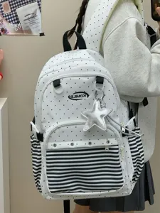 Zaino scolastico bianco a pois in stile college coreano con strisce nere e ciondolo a stella.