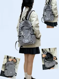 Zaino a quadri in tela casual nero e bianco per donne e studenti elegante zainetto scolastico