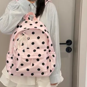 Cute pink polka dot backpack with pearl lace pendant, casual cute school bag for daily use.