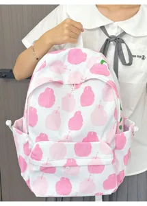 Vista dettagliata di un grazioso zaino scolastico con stampa di frutta rosa e tasche.