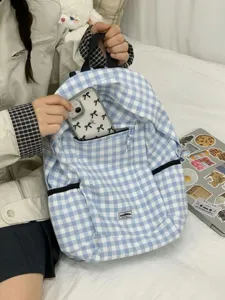 Zaino in tela a quadri blu stile coreano da donna, borsa scolastica casual di grande capacità.