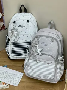 Zaino da scuola stile coreano in tela con pois e righe, spaziosi scomparti pratici.