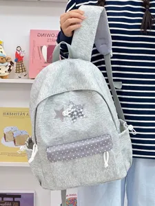 Sac a dos de toile etudiant style coreen avec patch etoile, grande capacite casual.