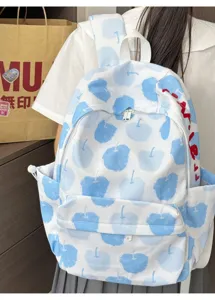 Zaino casual carino coreano con stampa di mela blu leggero per uso quotidiano.