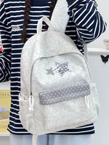 Sac a dos etudiant style coreen tissu melange gris motif etoile joli cartable mignon