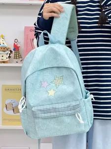 Sac à dos étudiant vert menthe chic avec adorables appliqués d'étoiles et bordure à carreaux.