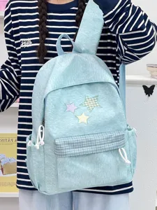 Sac à dos étudiant grande capacité joli patch étoile style coréen cartable bleu clair