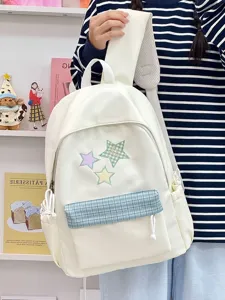 Sac à dos étudiant blanc style coréen avec jolie broderie d'étoiles et poche à carreaux.