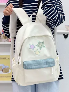 Joli sac à dos scolaire blanc brodé d'étoiles avec poche à carreaux, style étudiant.
