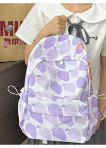 Zaino carino con motivo a frutta viola in stile coreano per studenti, grande borsa casual.