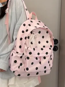 Korean style pink polka dot backpack with pearl pendant, lightweight daily school bag.