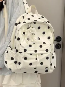 Korean style polka dot backpack lightweight student schoolbag with cute pearl lace pendant
