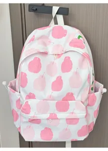 Vista dettagliata dello zaino carino con motivo a pera rosa, grande capacità e stile.