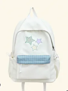 Joli sac à dos scolaire blanc en toile avec poches à carreaux bleus et broderie d'étoiles.