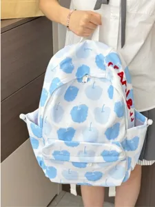 Zaino per studenti carino stile coreano con stampa mela blu, leggero e grande capienza.