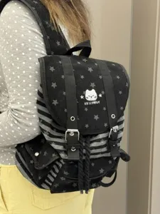 Zaino Stile Coreano Righe Ricamo Gatto Carino Stella Nylon Viaggio Casual Borsa Scolastica Per Adolescenti Donne