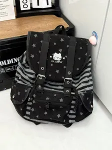 Zaino gatto a righe nero e grigio motivo a stelle borsa scolastica da viaggio casual quotidiano