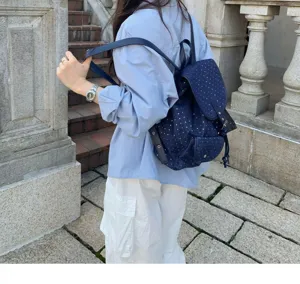 Blue polka dot backpack detail showing stylish Korean style campus design and functional straps.