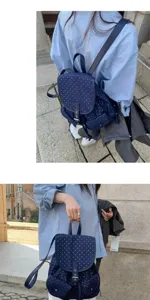 Navy blue star print mini backpack casual denim school bag for women daily uses