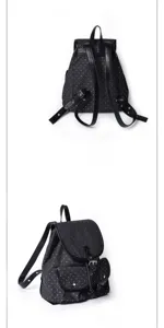 Detailed view of the Korean style polka dot backpack with black leather straps and pockets.