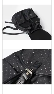 Casual Korean style star print canvas backpack with black leather trim and metal buckle detail.