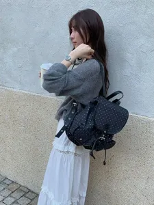 Korean style polka dot backpack for women, cute preppy campus daypack with large capacity.