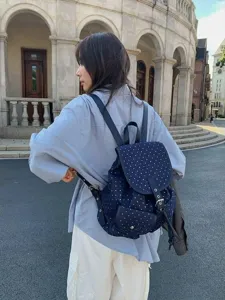 Stylish Korean style polka dot college backpack for women, casual lightweight large capacity daypack
