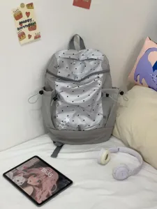 Korean style grey polka dot backpack, casual student school bag with multiple pockets.