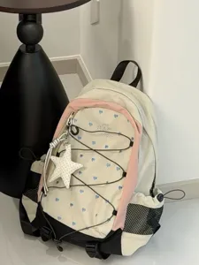 Starker koreanischer Canvas-Rucksack mit blauen Herzen, rosa Akzenten und viel Stauraum.