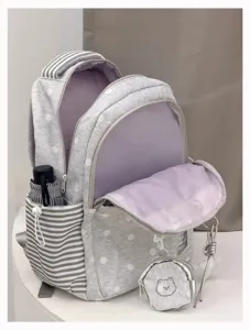 Korean style grey polka dot backpack detail, cute bear purse and star pendant, large capacity.