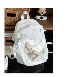 White polka dot transparent ita backpack with front window, cute student school bag detail.